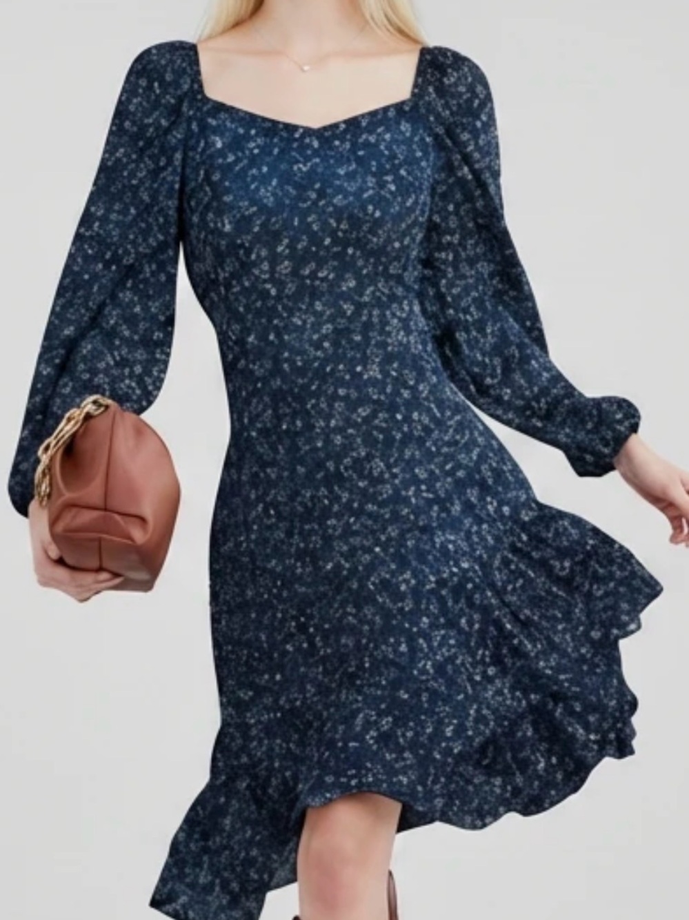 SHEIN Navy Floral Long Sleeve Square Neck Tiered Dress